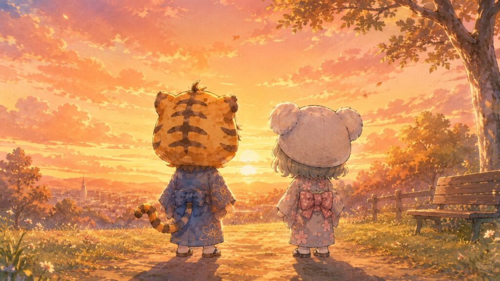 挿絵④・大雅と心愛が夕暮れの中で並んで空を見ている。温かい光。二人の影が伸びている。