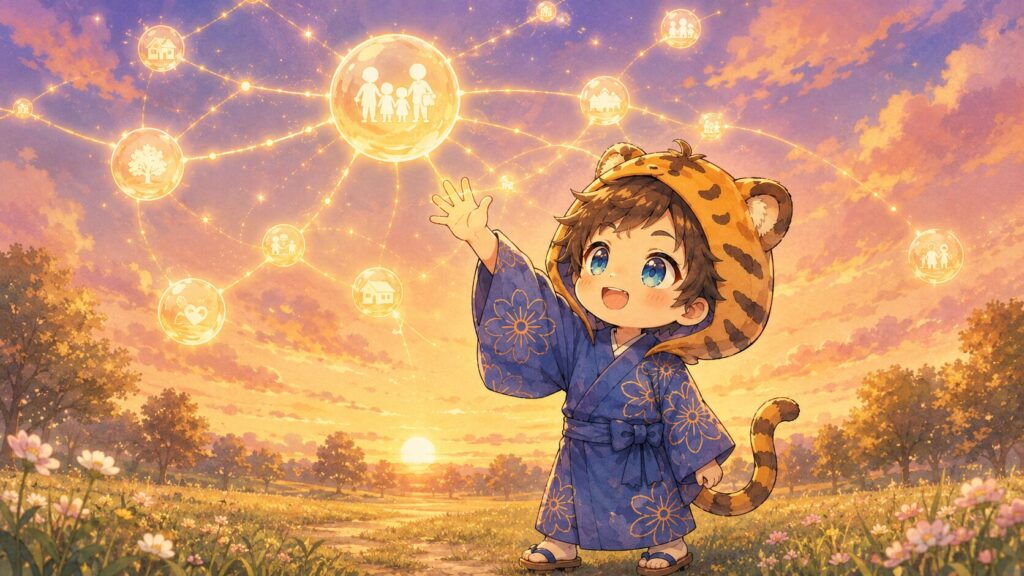 挿絵②・大雅が公園か広い草原で空に向かって手を伸ばしている。金色の光の糸が複数の光る球体と繋がっているイメージ。温かく、エモーショナルな雰囲気。