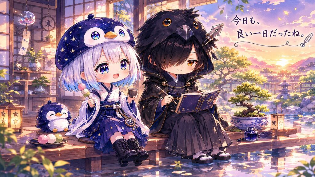 挿絵⑥（一日の終わり）・海空と黒羽が縁側に並んでいる。黒羽が「整えると、見えるね」という穏やかな表情。夕暮れの光。