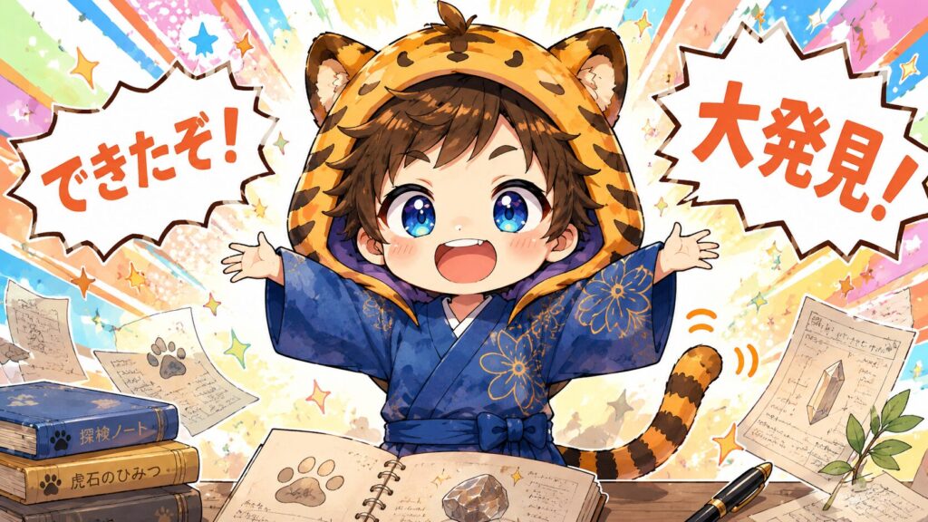 挿絵③・大雅が両手を広げて「できたぞ!」とアピールしている。虎耳ぴょこん・虎の尻尾ぴよぴよ。背景にはポップパンクのエネルギーを感じさせる、明るくカラフルな光が弾けているシーン。