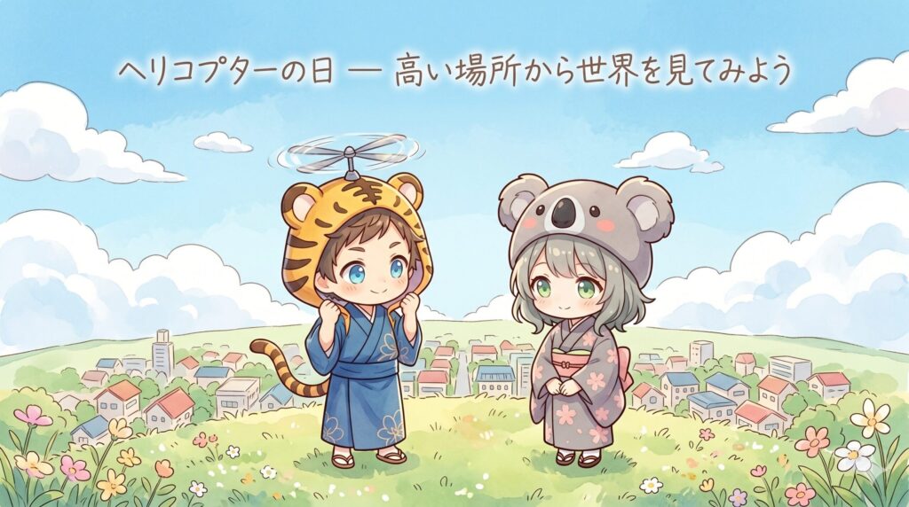 春の午後、なだらかな丘の上から街を見下ろす大雅と心愛。大雅の虎柄フードの上には小さなプロペラが付いていて春風にくるくる回っている。眼下に広がる街並みは小さな模型のよう。空には「ヘリコプターの日 ― 高い場所から世界を見てみよう」のタイトル文字。