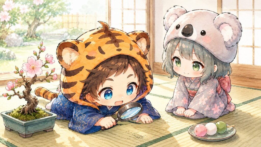 挿絵②・大雅が畳の目をルーペで覗き込んで目をまんまるにしている。横で心愛さんがほほえみながら見守っている。