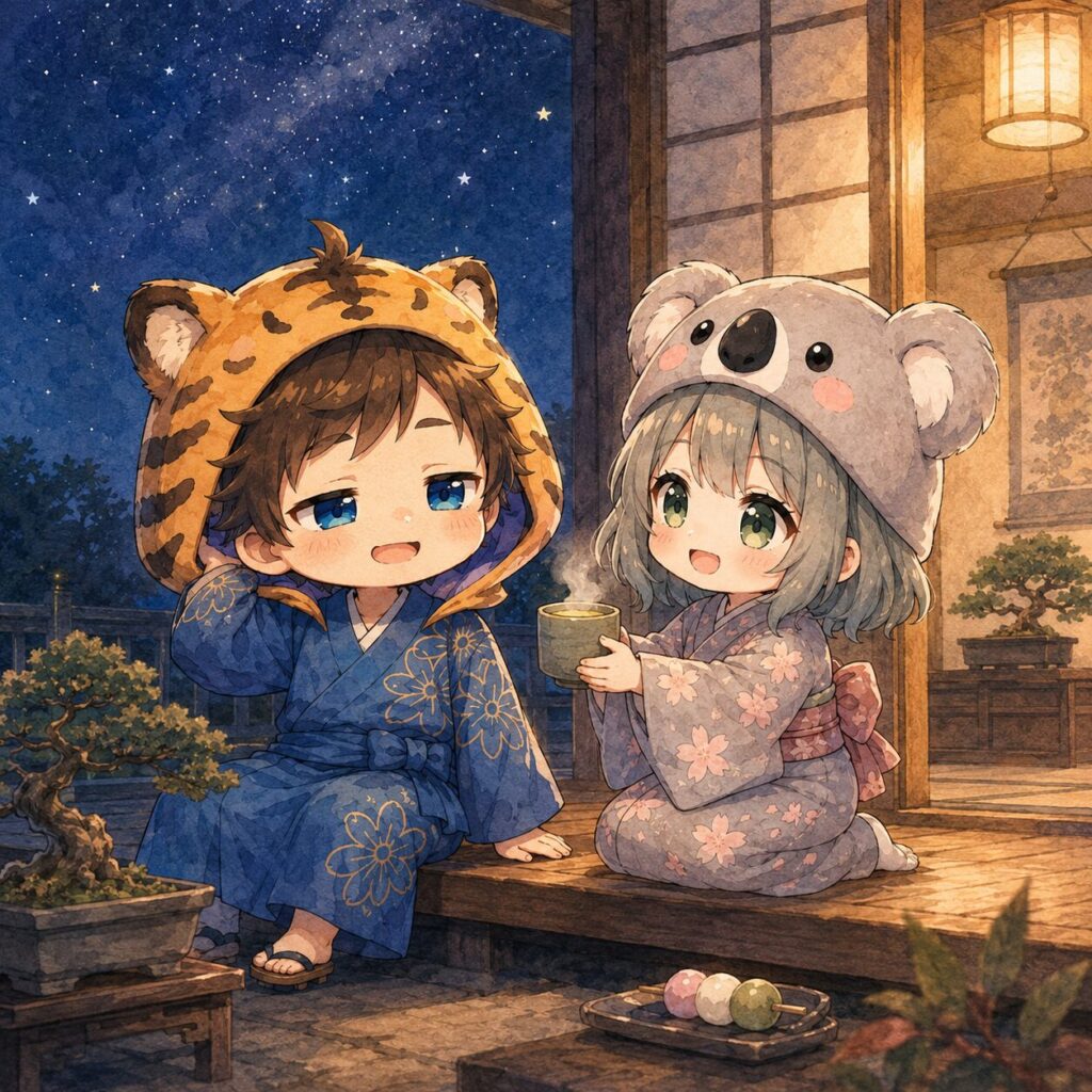挿絵⑤・夜の縁側で大雅と心愛が並んでいる。大雅は疲れたけど満足げな顔。心愛はお茶を差し出している。