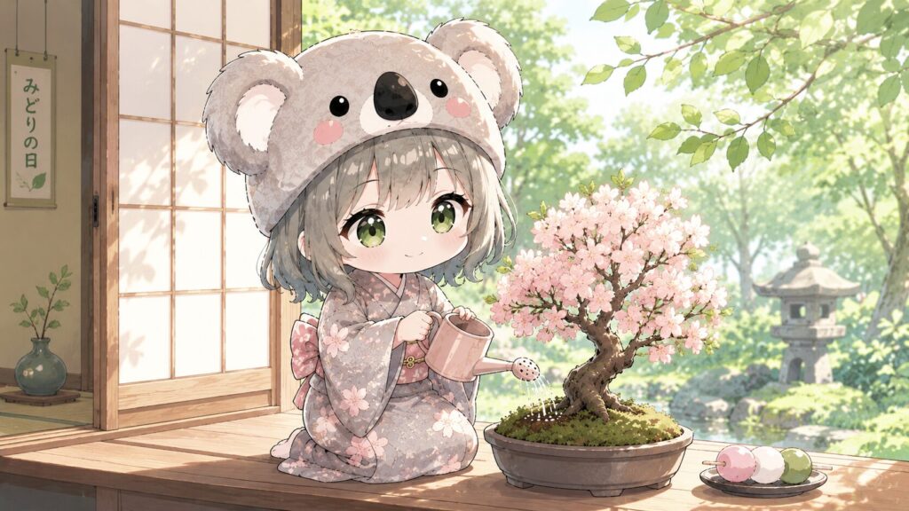 挿絵①・縁側で盆栽の桜に水をやる心愛。三色団子が盆栽の横にさりげなく置かれている。障子越しに朝の光が差し込む、みどりの日の柔らかな室内。