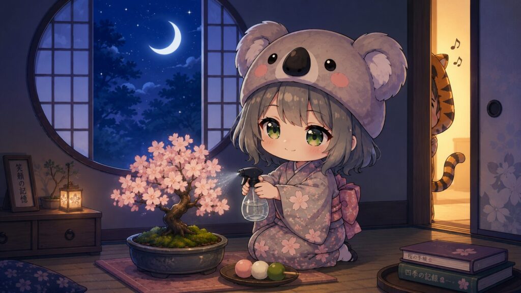 挿絵⑥・夜の和室で霧吹きを持つ心愛。三日月が丸い障子窓に見え、隣室からは大雅の鼻歌の気配がふんわりと伝わってくるシーン。静かで温かいおやすみ前の空気。
