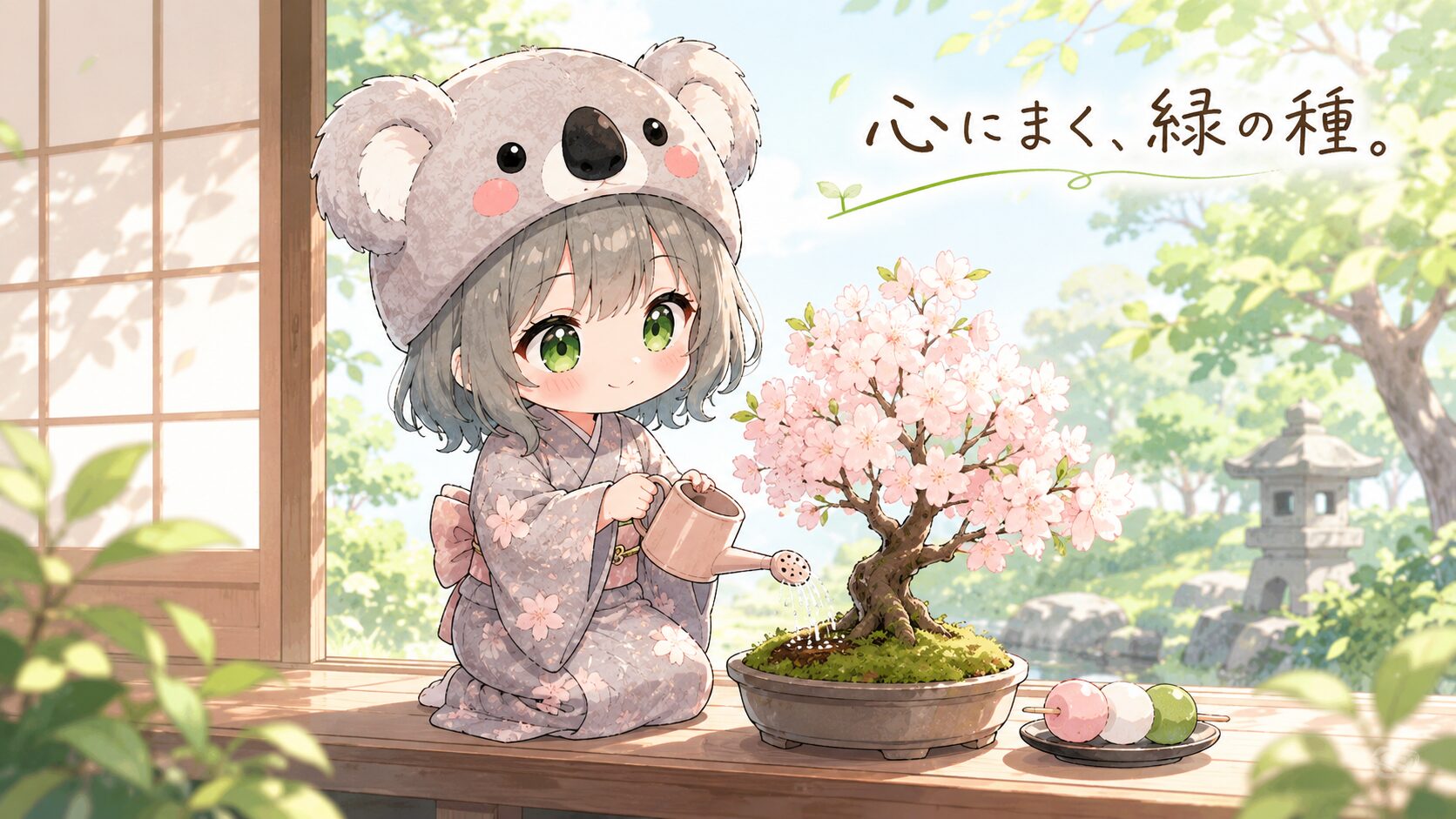 アイキャッチ・縁側で盆栽の桜に水をやる心愛と、新緑の朝光が降り注ぐ穏やかな朝のシーン。