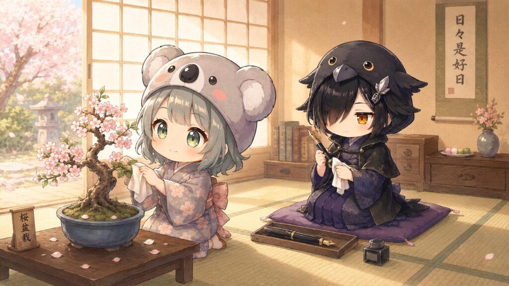 午後の和室。心愛が盆栽の葉を一枚一枚やわらかい布でそっと拭いている。奥では黒羽が万年筆を静かに布で磨いている。穏やかで丁寧な時間。