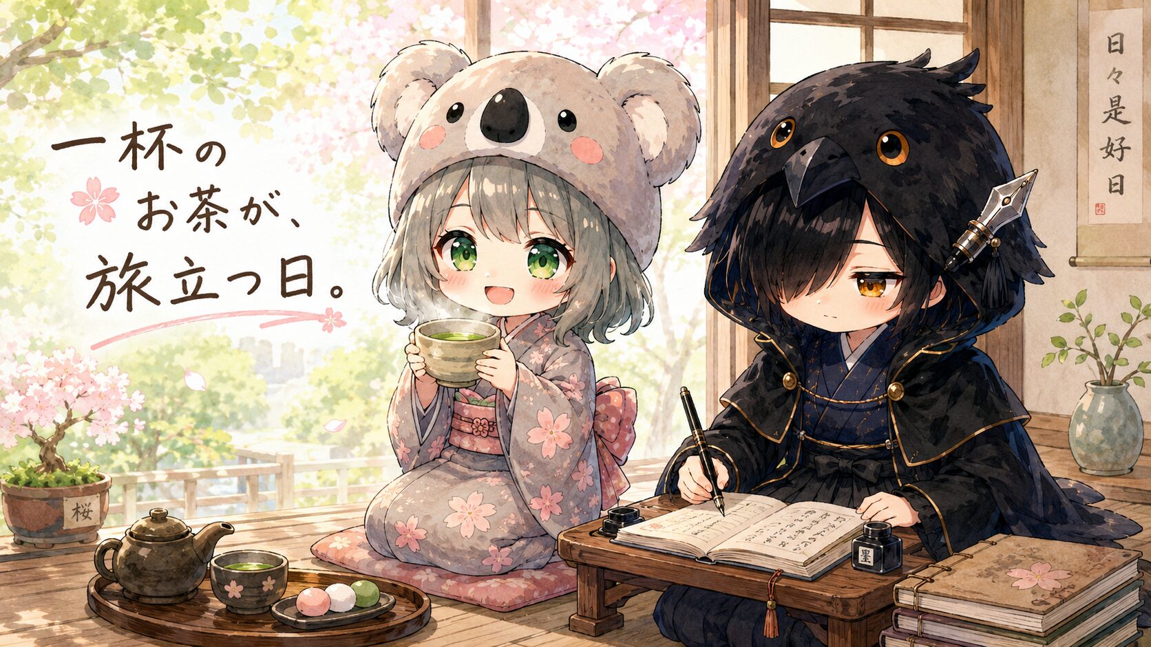 アイキャッチ・新茶を手渡す心愛と傍らで書き物をする黒羽のほんわかしたシーン