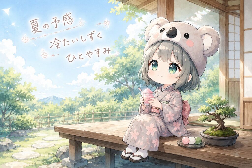 挿絵①・朝の縁側で心愛が初夏の光の中でいちごシャーベットを手に持ち、空をほんのりと見上げているシーン。俳句「夏の予感 冷たいしずく ひとやすみ」が柔らかい手書き風に添えられる。横に盆栽と三色団子が控えめに置かれている。