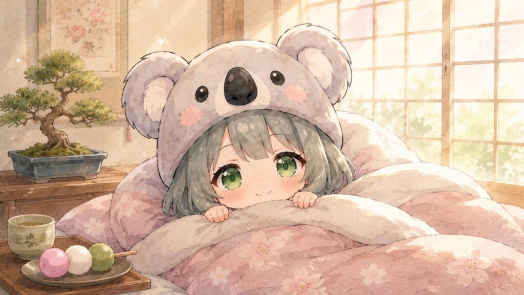 挿絵①・心愛がふわふわのお布団からほんのり頬を染めてもぞもぞと顔を出している。朝の光が障子からさし込んでいる。
