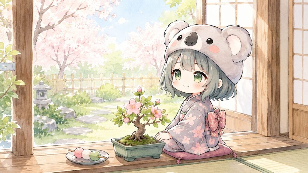 挿絵①・心愛が縁側に座って盆栽に手をそっと添えながら、窓の外に広がる春の朝の光を眺めている。穏やかな表情。