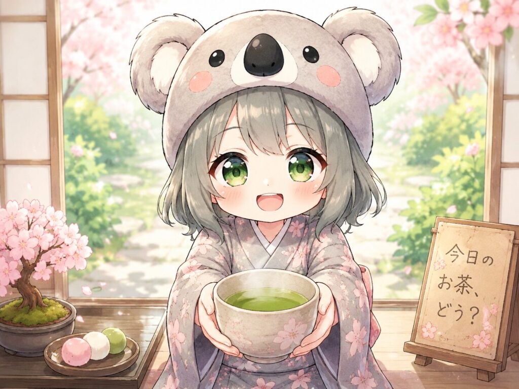 挿絵①・心愛がお茶を持ちほわっとした笑顔のシーン