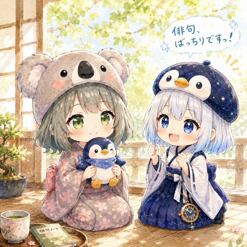 挿絵①・朝の縁側で心愛がペンギンのぬいぐるみをそっと抱えてほほえんでいる。隣に海空が「俳句、ばっちりですっ!」という表情。