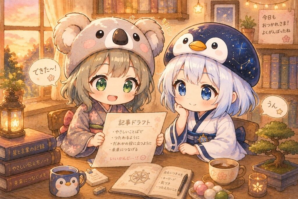 挿絵⑤ 夕方、心愛が嬉しそうに下書きを見直しているシーン