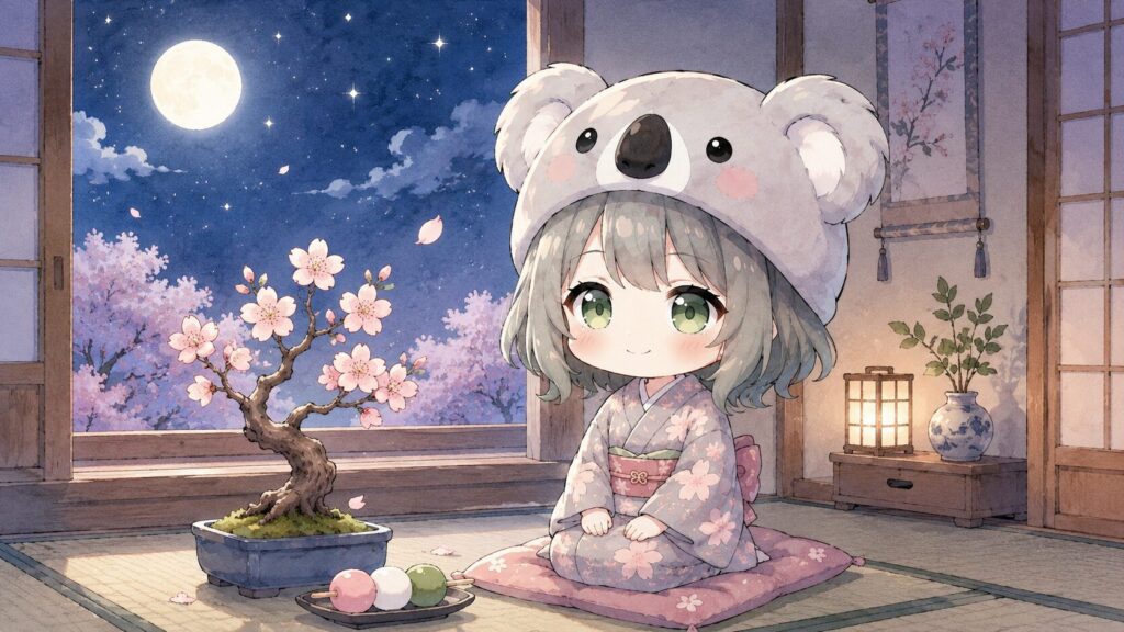 挿絵③・心愛が夜の和室で盆栽の前にそっと座って、小さく微笑んでいる。窓の外に春の夜空と月。