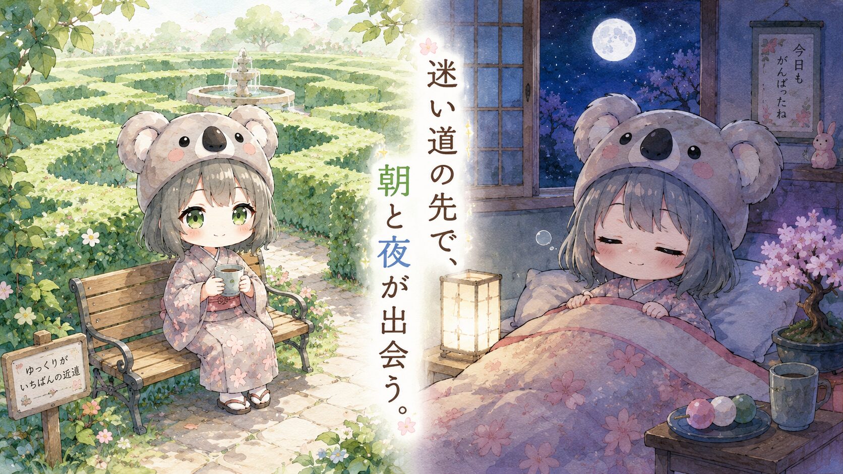 アイキャッチ（独立・ブログカバー）・イラストタイトルを右上に添える。朝の新緑のヘッジメイズ（生垣の迷路）と夜の和室を半分ずつ合わせた分割構図。左半分・昼の迷路の中央で心愛がベンチに座って湯呑みを持つシーン、右半分・夜の和室でお布団に入りかけの心愛。「迷い道の先で、朝と夜が出会う。」のタイトルテキストを中央に。