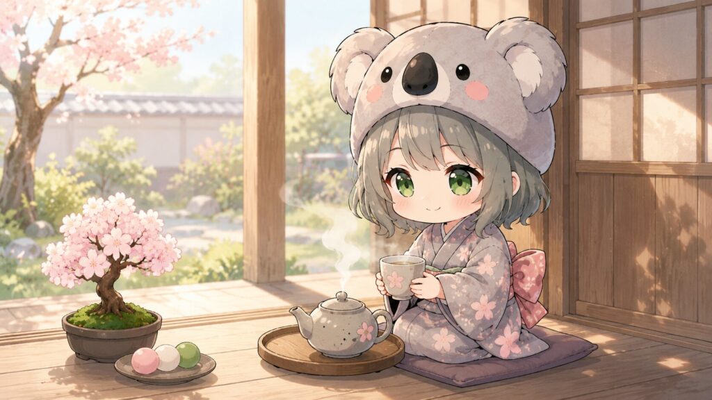 挿絵①・朝の縁側で心愛がお茶を淹れているシーン。湯気が立ち、朝の白色光が差し込む穏やかな空気。横に盆栽と三色団子が控えめに添えられている。