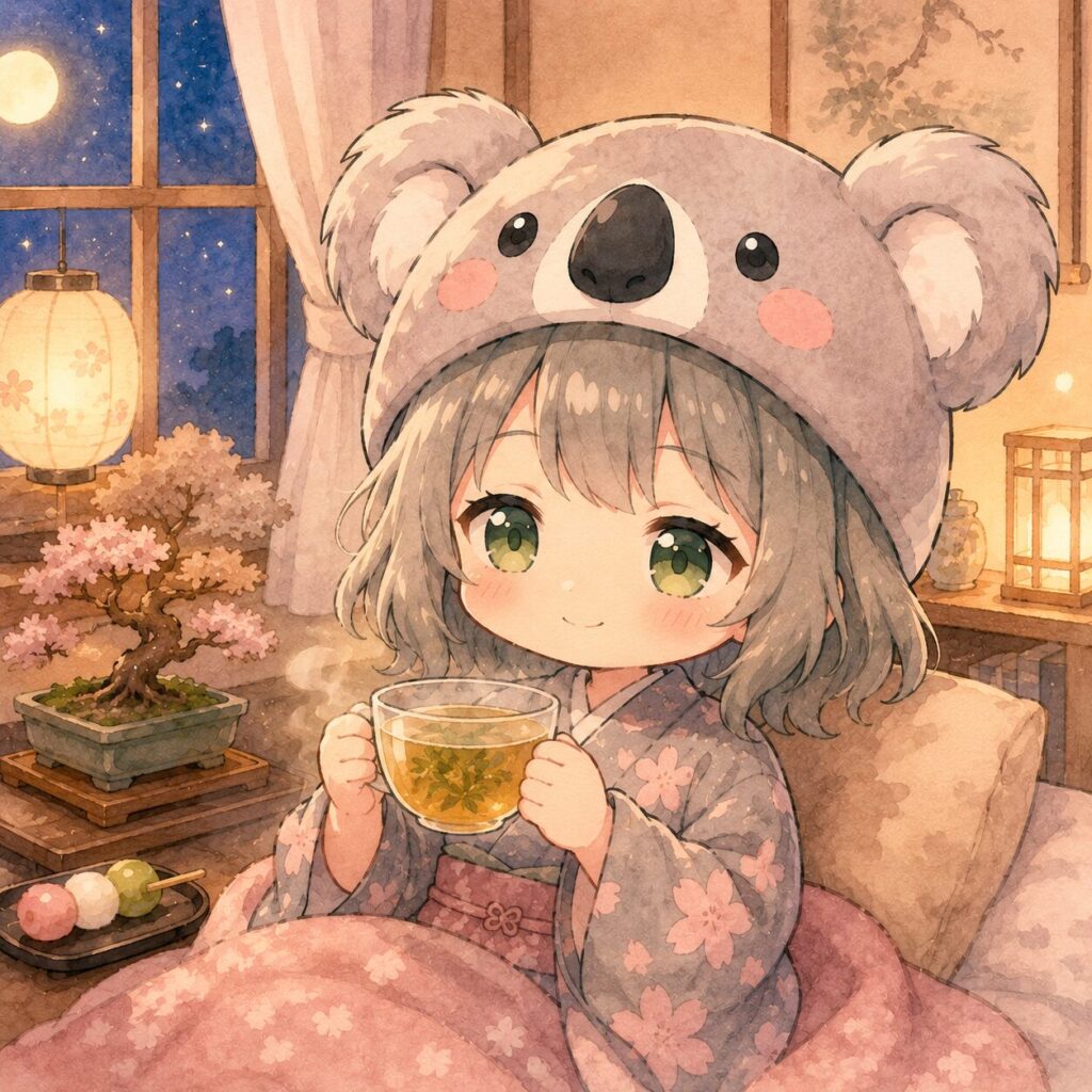 挿絵②・室内で心愛がお風呂上がりにハーブティーを両手で持ちながら微笑んでいる。背景は柔らかい夜の光。