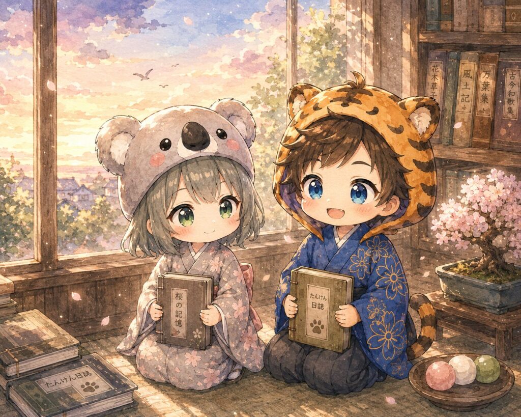 挿絵③・夕方の図書館の窓辺で心愛と大雅が本を閉じてほっと微笑んでいる。GWのやわらかな夕空と「立ち止まっていいよ」の余韻。