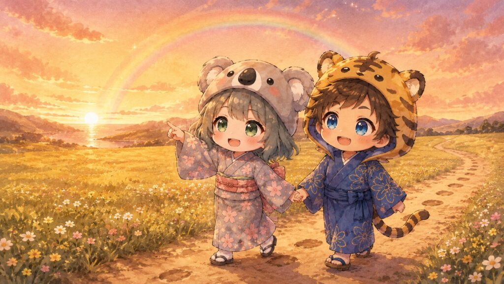 挿絵③・心愛と大雅が草原で並んで立っている。心愛が大雅の手を引きながら前を指差している。遠くに虹。「ここまで来たね」の温かい達成感。