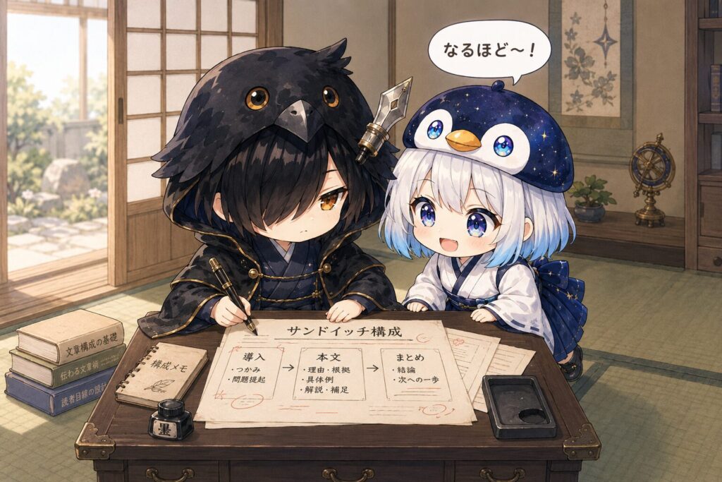 挿絵④・和室の文机で黒羽が「サンドイッチ構成」と書かれた和紙を見ながら万年筆で何かを書き込んでいるシーン。海空が横から覗き込んで興味深そうにしている。