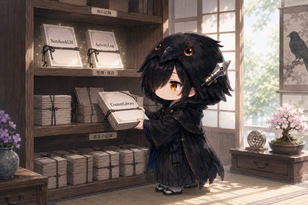 挿絵③・和室の棚の前に立つ黒羽。古い書類の束を整理し、整然と並べ直している様子。書類には「ContentLibrary」と書かれた表紙が見える。棚の奥に「NotebookLM」と「ActivityLog」が並んで光る様子。
