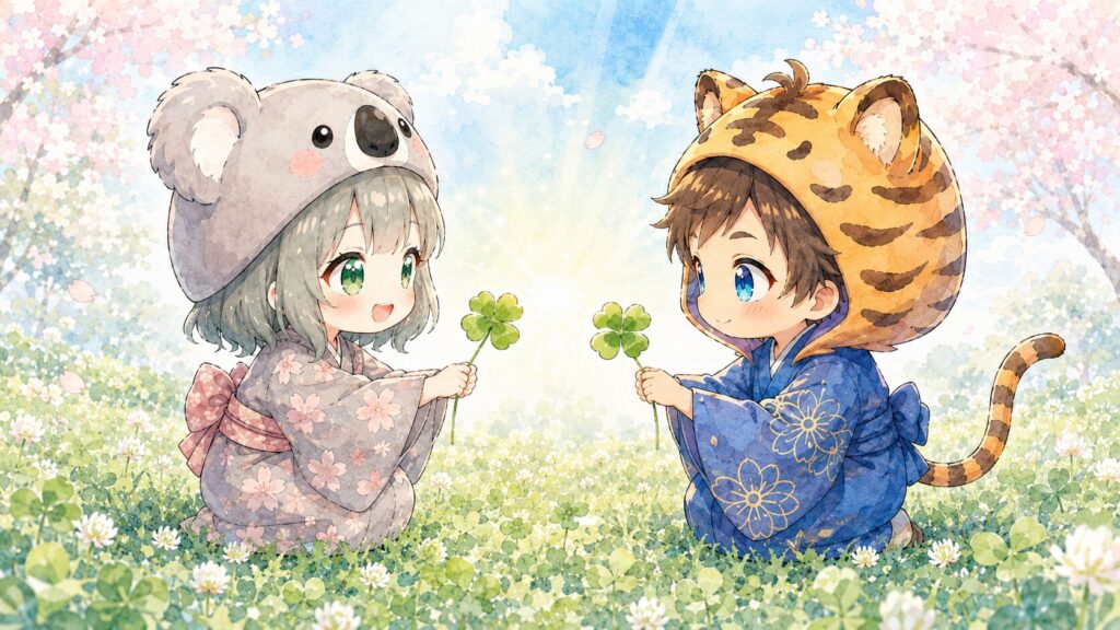挿絵②・心愛と大雅が向かい合って、それぞれ四つ葉のクローバーを持ち合っている。二人の間に光がこぼれている。春の柔らかい光。