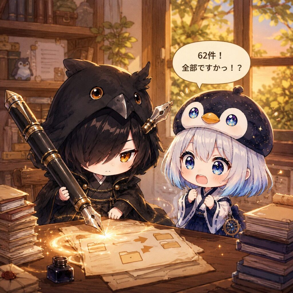 午後の作業部屋で黒羽が巨大万年筆を構えてデータ移行作業中。海空が横で「62件!全部ですかっ!?」と目を丸くしている。窓の外は夕暮れが近づきつつある若葉。