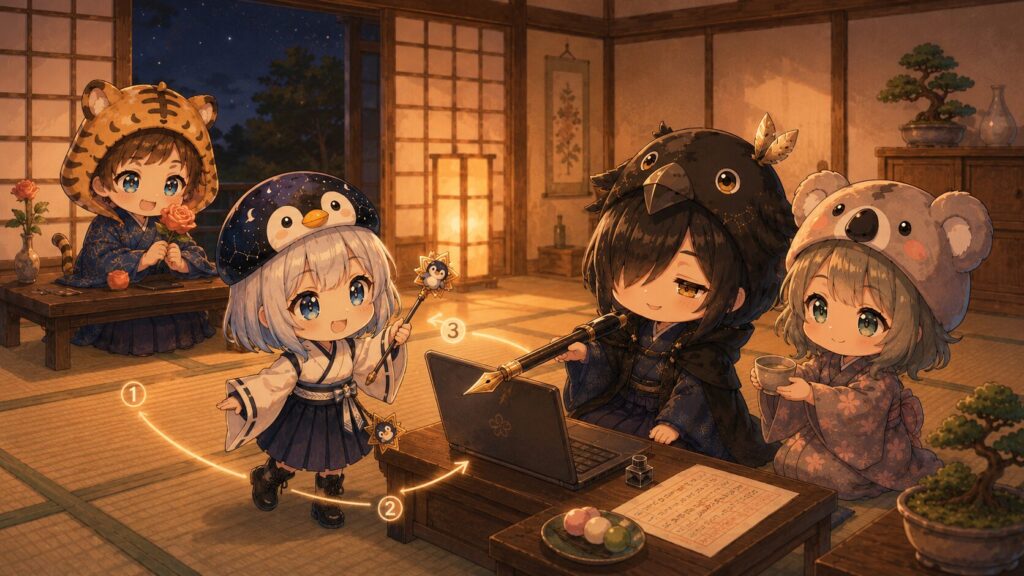 夜の和室で黒羽がノートパソコンの前で巨大万年筆を構えている。心愛が傍らで湯呑みを差し出す。大雅は奥でうれしそうにバラを持つ。海空が指示棒を持って4人の役割を順番に示している。