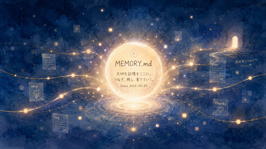挿絵③・暗がりの中、「MEMORY.md」と書かれた光の球がほのかに浮かんでいる。その光が次のセッションへ繋がる橋のように見える。