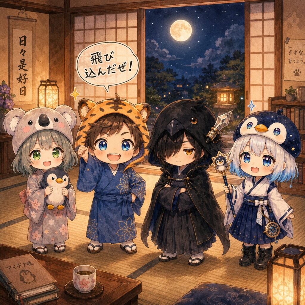 挿絵⑤・夜の和室で4人が並んでいる。心愛がペンギンのぬいぐるみを抱え、大雅が「飛び込んだぜ!」という表情。黒羽が静かに目を細め、海空が星屑万華鏡を掲げている。