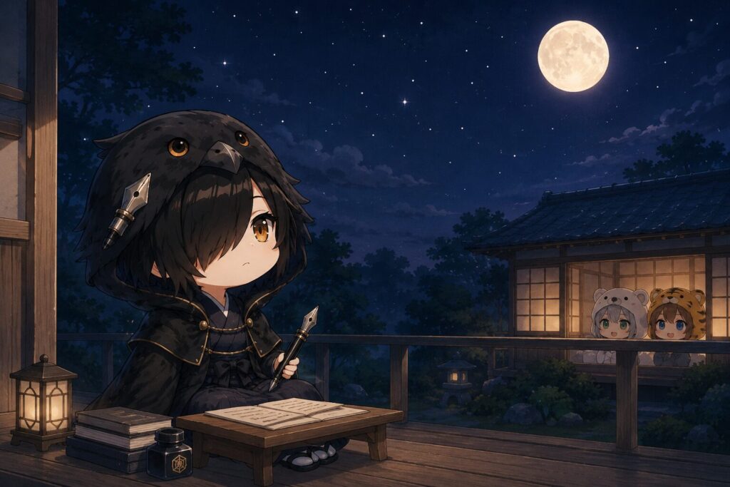 挿絵⑥・夜の縁側で黒羽が万年筆を持ったまま空を見ている静かなシーン。遠くの部屋で心愛と大雅の明かりがぼんやり灯っている。月明かりの夜。