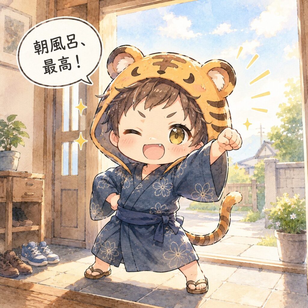 挿絵①・朝の玄関で大雅が「シャキーン!」と全力ポーズ。背景は朝の光。吹き出し「朝風呂、最高!」