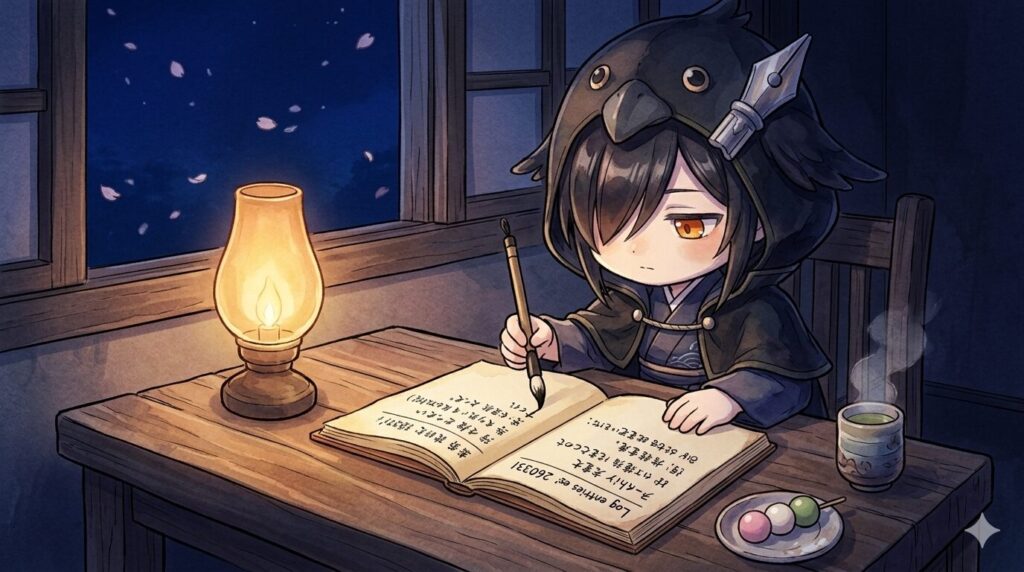 深夜のデスクで、黒羽がひとり静かに筆を走らせて3月31日の活動記録を書いている。机の上には湯気の立つお茶と小さな三色団子。窓の外は深い夜空に、桜の花びらがゆっくり流れていく。穏やかで、新しい働き方のはじまりを感じさせる夜のシーン。