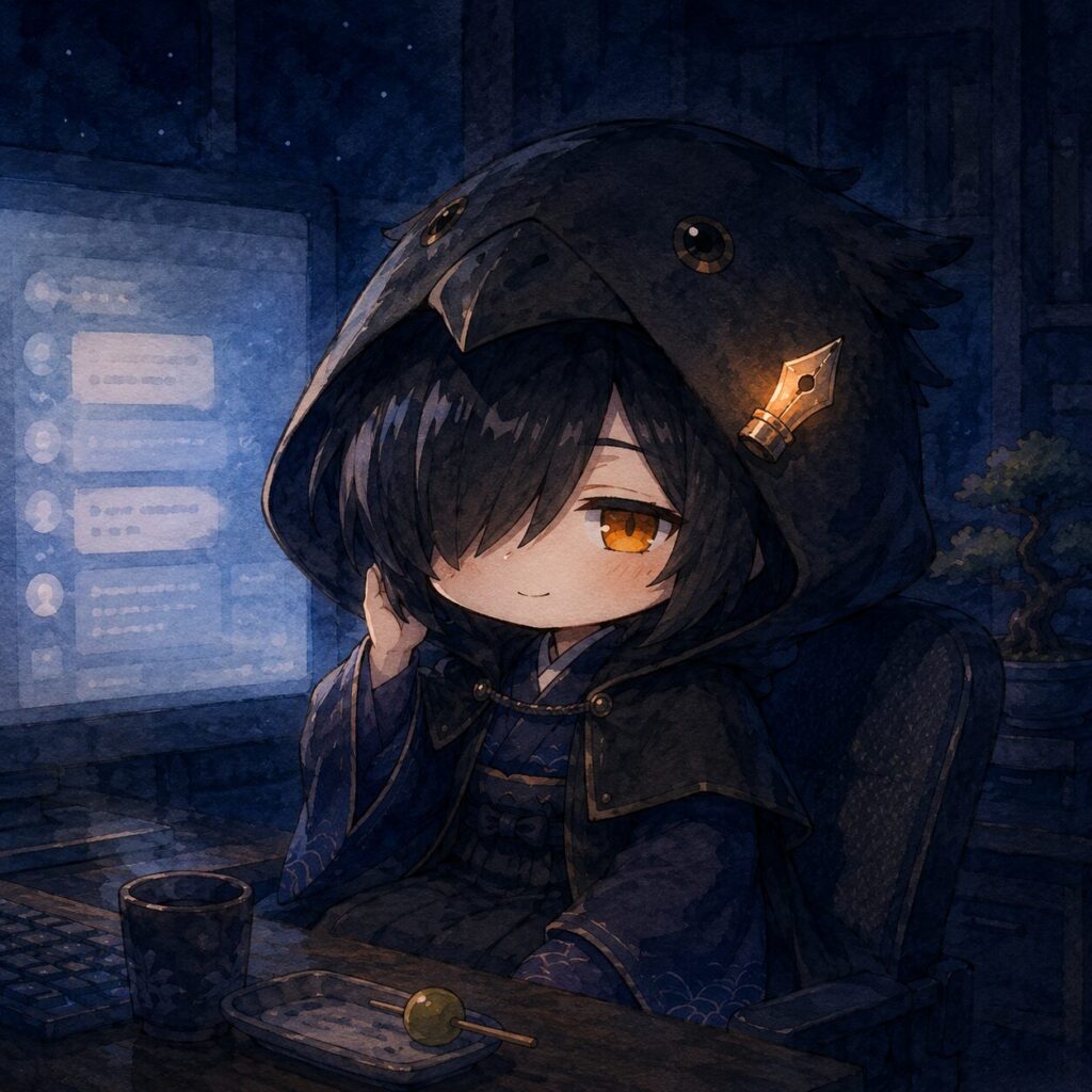 挿絵④ チャット画面のメッセージ・目元の影がやわらかい/ペン先がほのかに光る