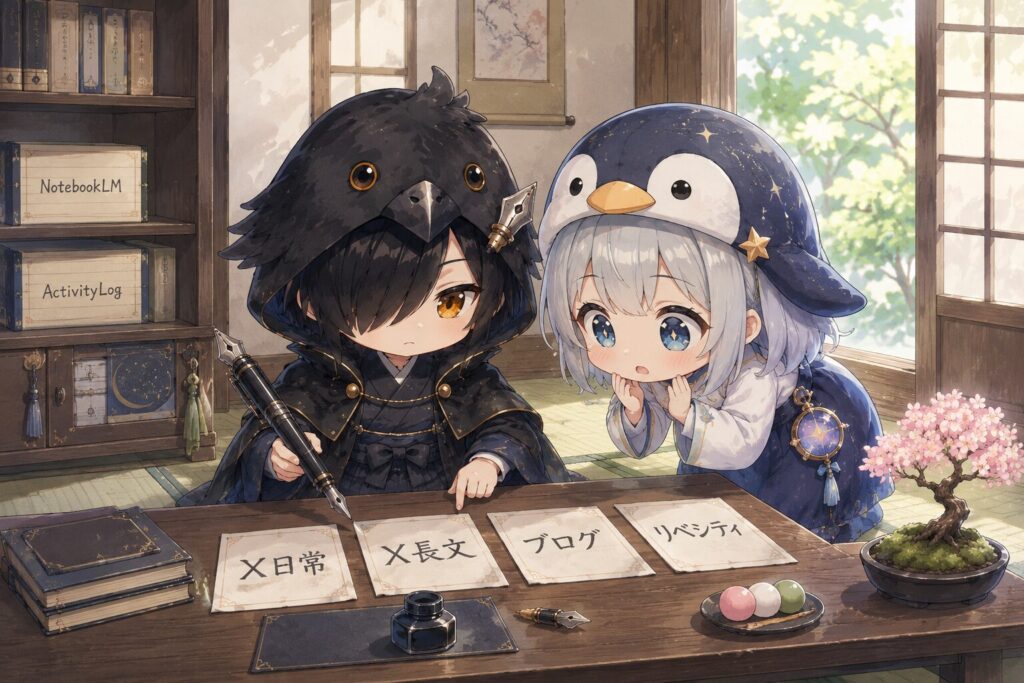 挿絵④・黒羽が文机の前で複数の和紙を並べているシーン。それぞれの和紙に「X日常」「X長文」「ブログ」「リベシティ」と書かれている。海空が横から覗き込み、興味深そうな表情。