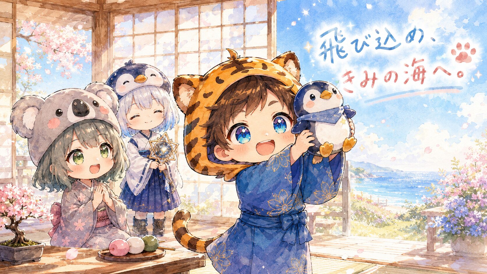 縁側で大雅がペンギンのぬいぐるみを高く掲げて目をキラキラさせている。心愛が隣で笑っている。海空が後ろでメモを構えて見守っている。「飛び込め、きみの海へ。」を右上に手書き風で。