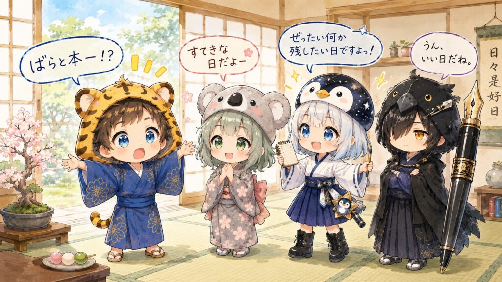 朝の明るい和室で4人がサン・ジョルディの日の話を聞いている。大雅は両手を広げてびっくり、心愛は両手を胸の前で合わせてうれしそう、黒羽はゆっくり頷く、海空はメモ帳を構えてテンションが上がっている。