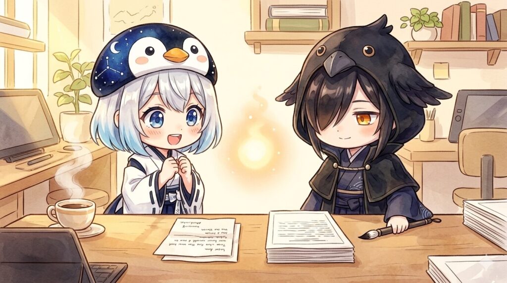 黒羽さんが筆を走らせて「喫茶店の日」記事を書き上げた瞬間、画面の前で海空が目を丸くして感嘆している。テーブルには海空が書いたバトン指示書と、黒羽さんが書き上げた原稿が並んでいる。二人の間にはほわっとした温かい光。