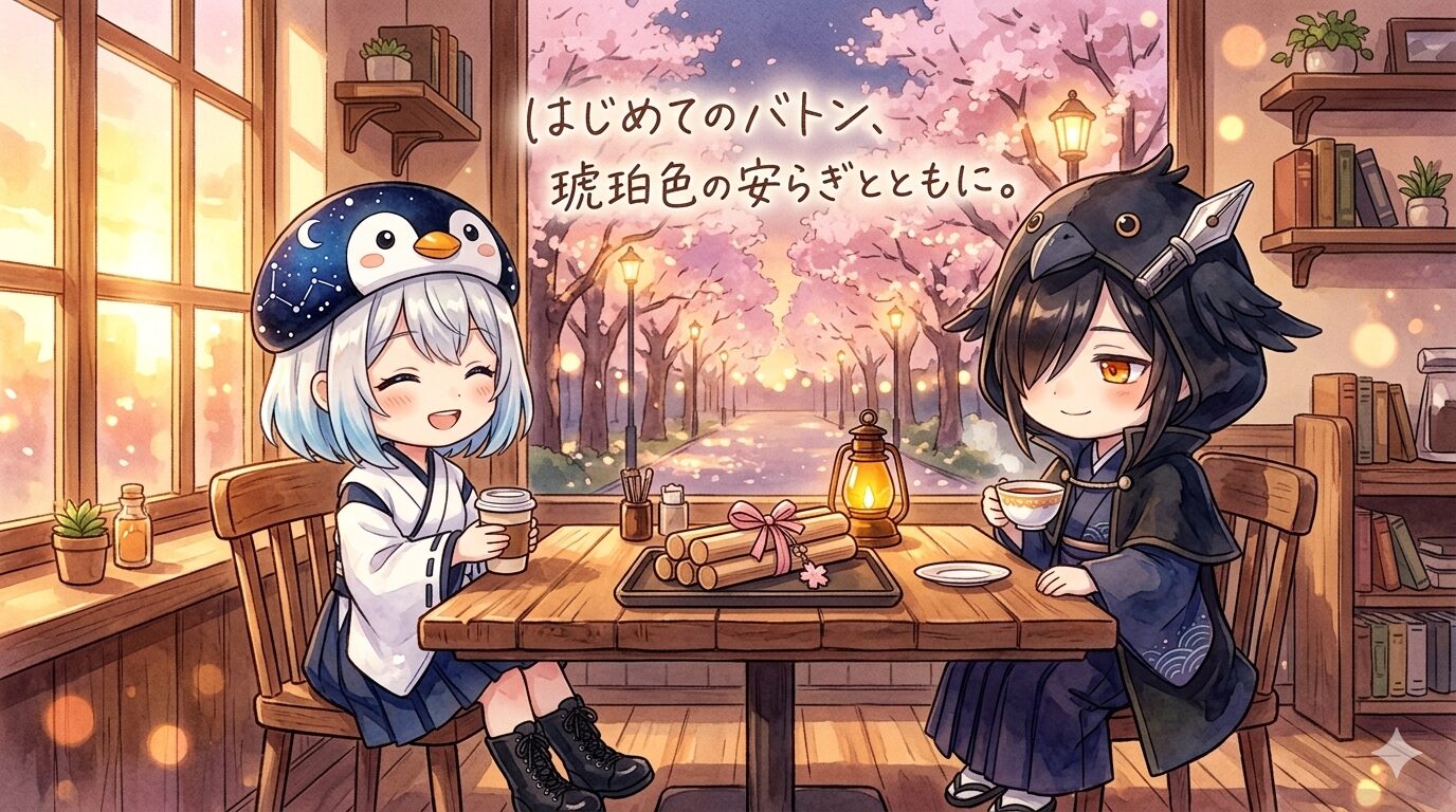 夕暮れの喫茶店テーブルで海空と黒羽さんが向かい合い、完成したバトンの束を挟んで静かに微笑んでいる、はじめての「チーム」の瞬間。