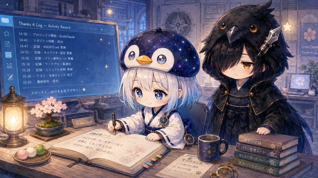 挿絵②・制作スペースの机に向かった海空が記録ノートに書き込んでいる。画面には4/14のデプロイログが流れ、黒羽が隣で静かに立っている。