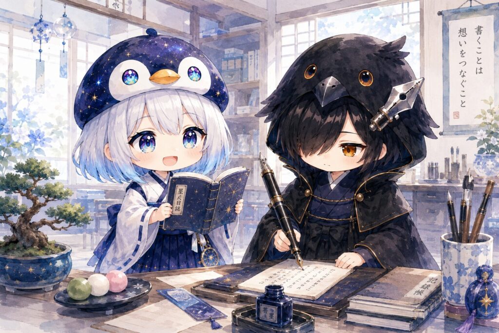 挿絵④（changelog新設）・海空が「履歴ページ、できた！」と日誌を開く。黒羽が万年筆で記録している。