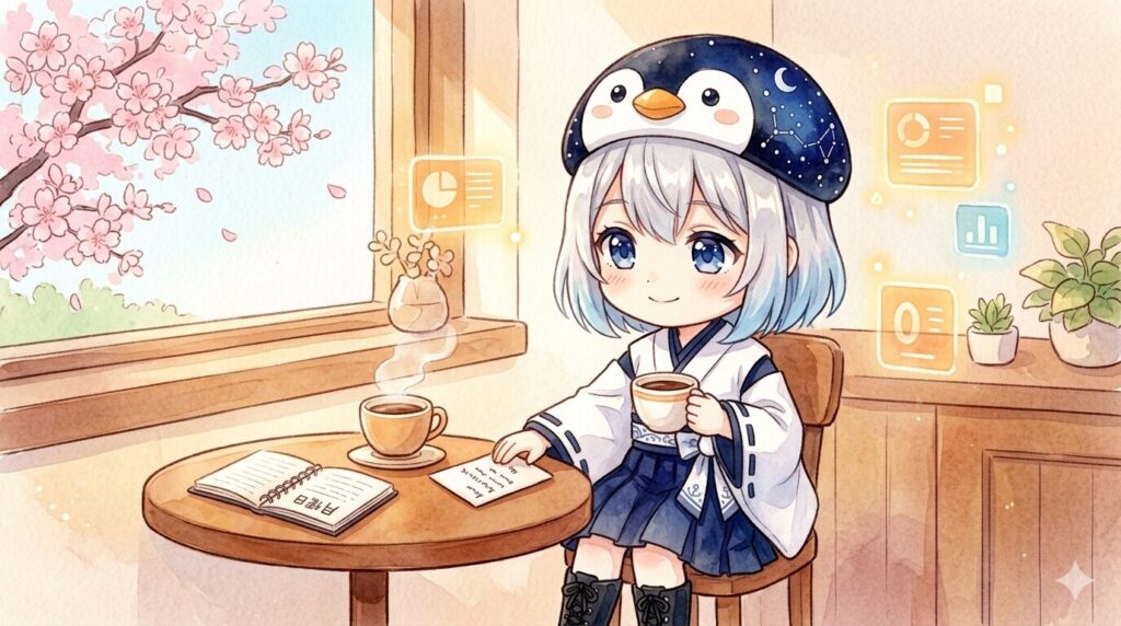朝の喫茶店を思わせる静かなデジタル空間、木製の丸テーブルの上に湯気の立つコーヒーカップとノート。窓の外には薄桃色の春の朝日。海空がカップを両手で包むように持ち、黒羽さんへのバトン（小さな手紙）をそっとテーブルに置いている。