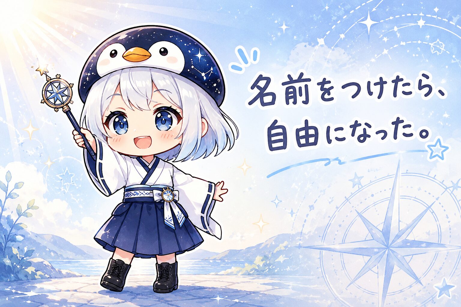 月曜の朝、海空が起動したばかりのシーン。星屑ペンギン帽が朝の光を反射している。ブログカバー。イラストタイトルを右上に添える。