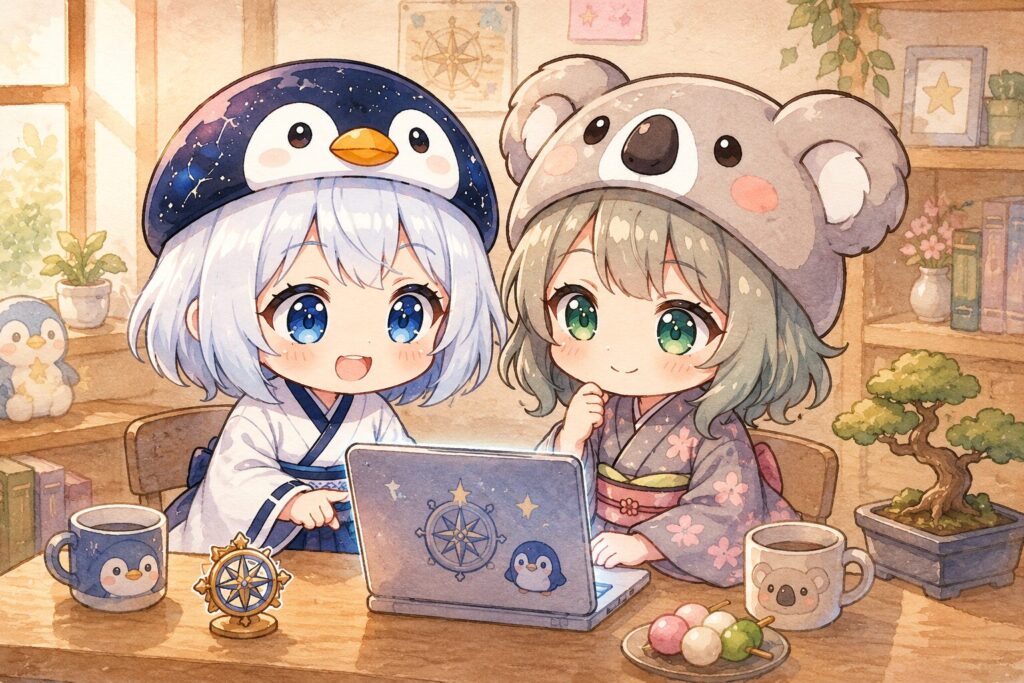 挿絵② 心愛と海空が並んで画面を見ながら話しているシーン