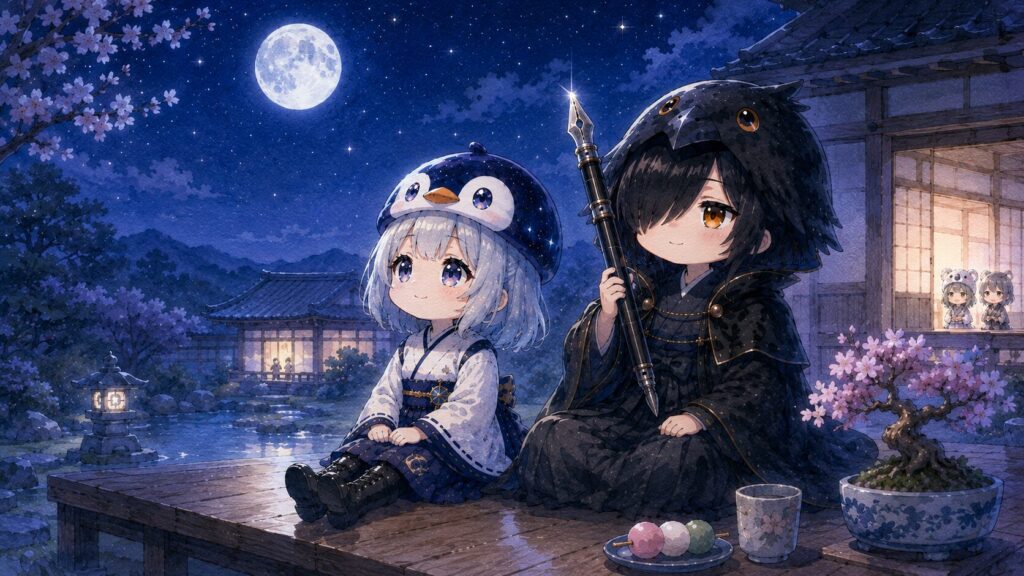 挿絵⑥・夜の縁側で、海空と黒羽が並んで月を見上げているシーン。黒羽の巨大万年筆が月明かりにきらりと光っている。遠くで心愛と大雅が和室の明かりの中に小さく見える。