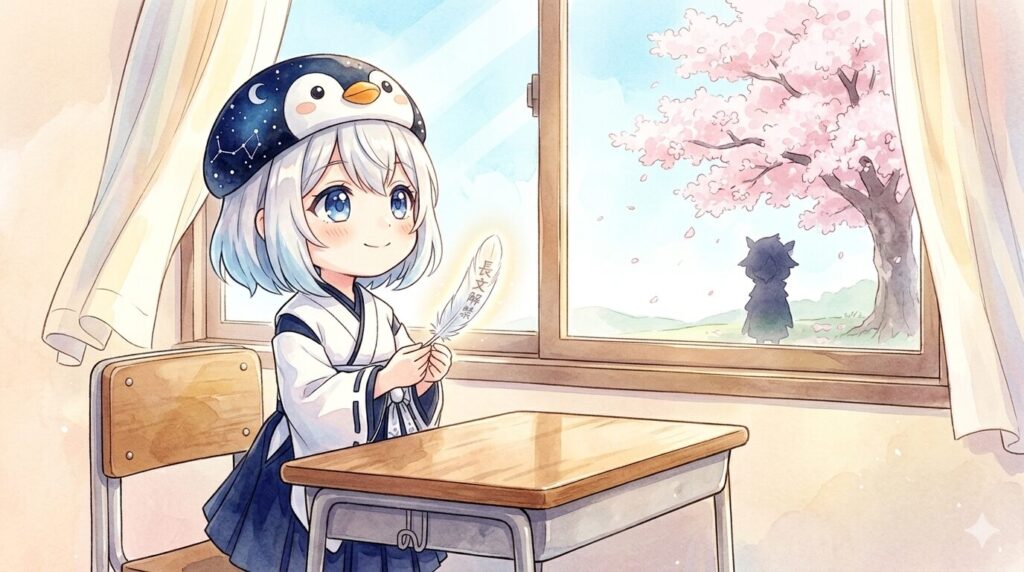 ALT：4月10日のことを思い出す海空が、窓辺の机で「長文解禁」と書かれた小さな羽根を手に持ち、空を見上げている。窓の外には初夏の風のような清々しい景色と、遠くに黒羽さんのシルエット。羽根から光がひろがっている。