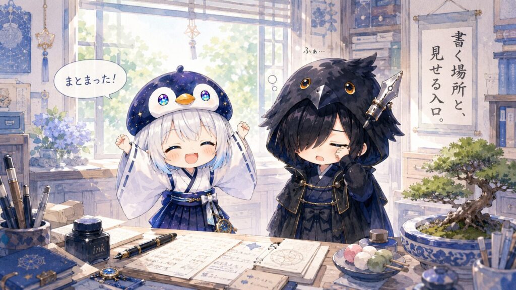 挿絵①（投稿編集台統合）・海空が端末を前に「まとまった！」と笑っている。黒羽が横でふぁと眠たげに頷く。