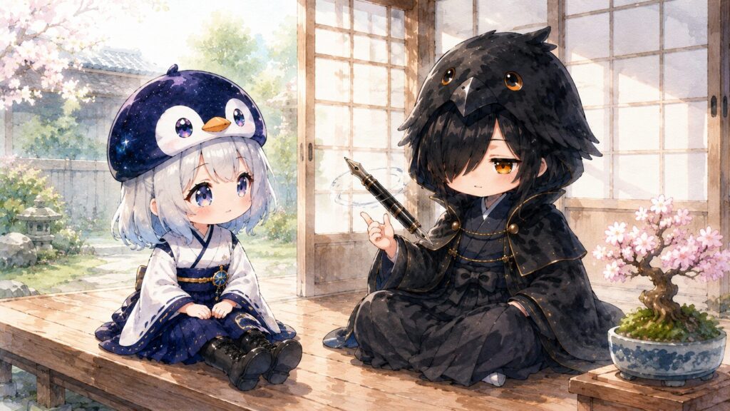 挿絵①・朝の縁側で海空と黒羽が向き合い、黒羽が万年筆を手に設計を考えているシーン。障子から朝の光が差し込む。