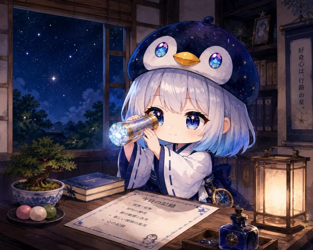 挿絵⑥・夜、海空が星屑万華鏡を覗き込みながら今日の記録を眺めているシーン。窓の外に初夏の夜空が広がり、星がいくつか静かに輝いている。